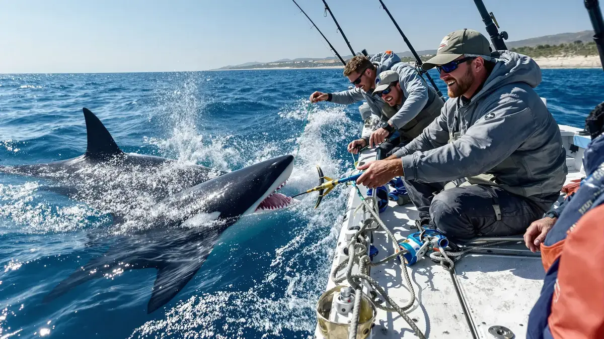 Vissers melden dat haaien in hun ankerlijnen bijten, enkele seconden nadat ze door orka’s waren omringd