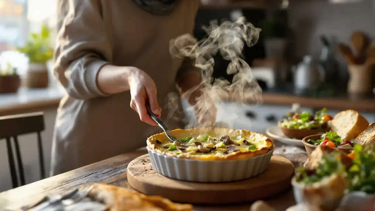 Deze quiche zonder bodem met prei, champignons en geitenkaas is een hartverwarmend recept om te maken zodra het wat frisser wordt